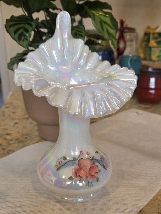 Fenton Other - Fenton Jack in the Pulpit Opalescent Hand-Painted Vase, Pink Rose Detail